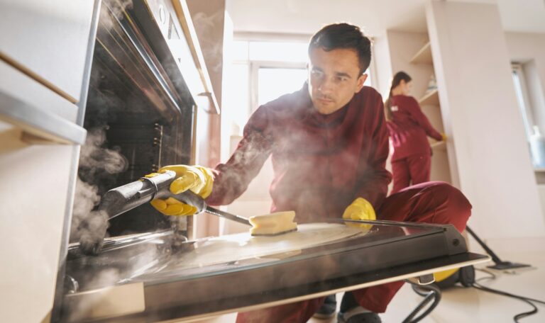 Professional janitorial personnel doing eco-friendly kitchen cleaning