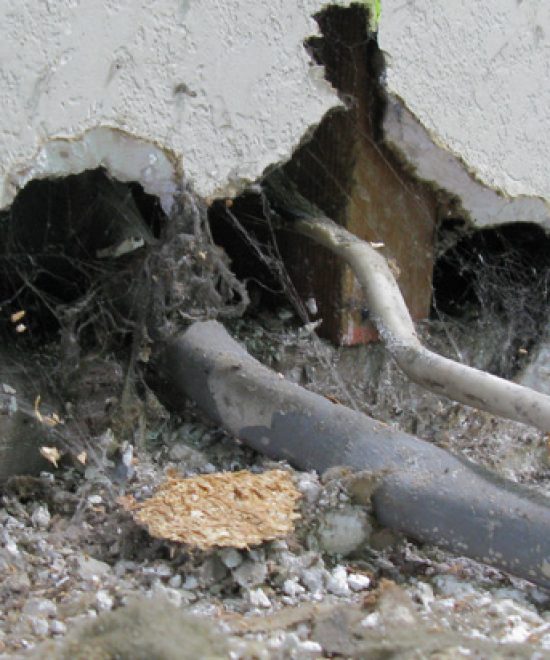 A pest control expert sealing an exterior wall crack to prevent pests from entering a home in Arizona.